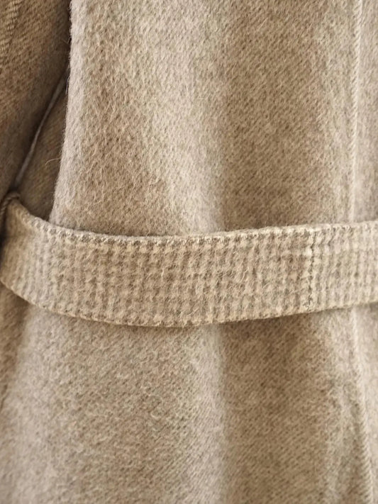 Anemoia Vestiaire beige belted alpaca wool coat with a textured weave and long sleeves.