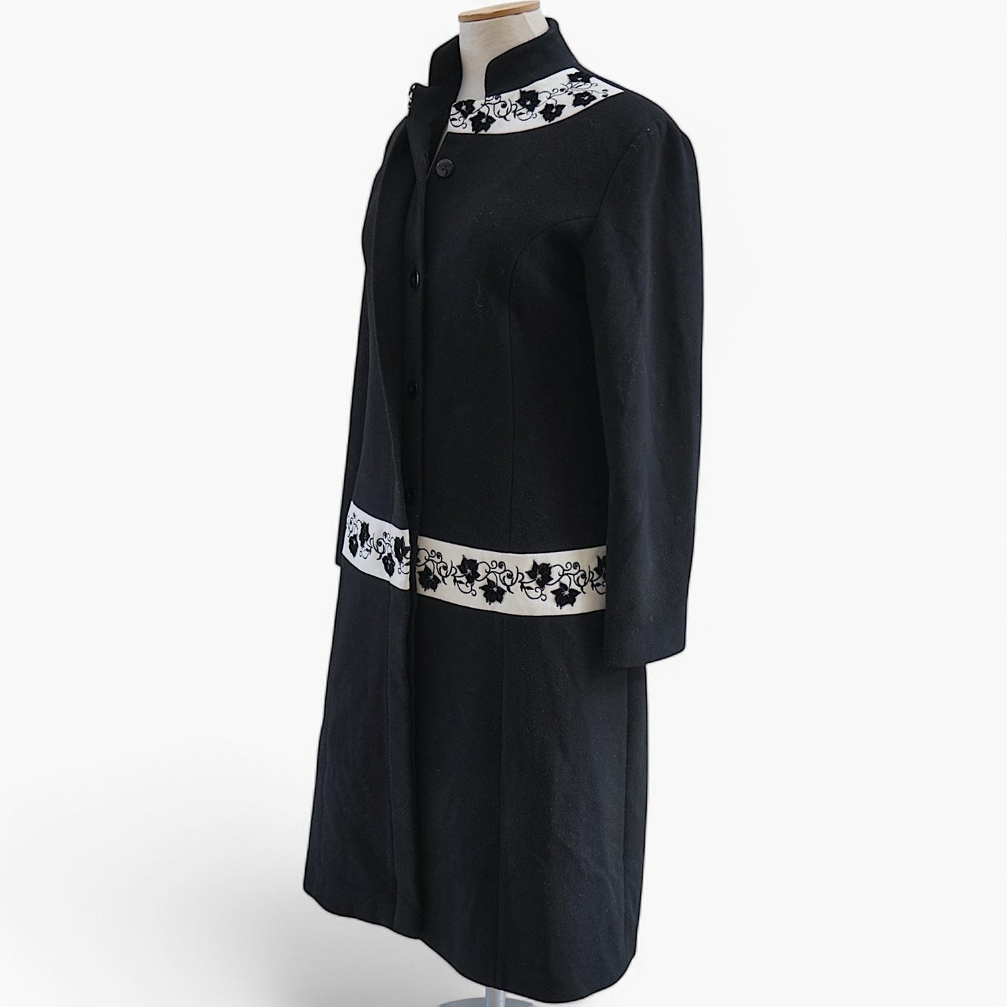 Black Embroidered Midi Coat — Mandarin Collar — Early 2000s