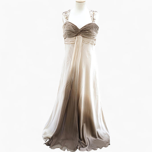 Pure Silk Empire Gown with Beaded Vine Straps in Champagne & Café