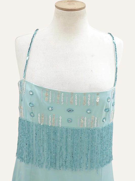 Aqua Beaded Fringe Bodice Satin Gown