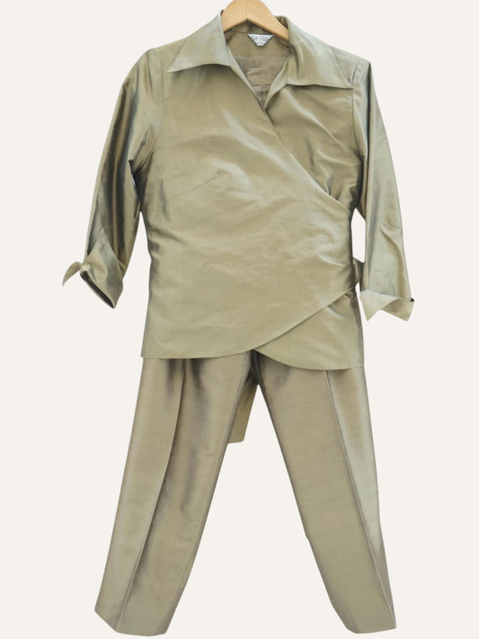 Pure Silk Wrap Blouse & Wide-Leg Trouser Set in Bronze