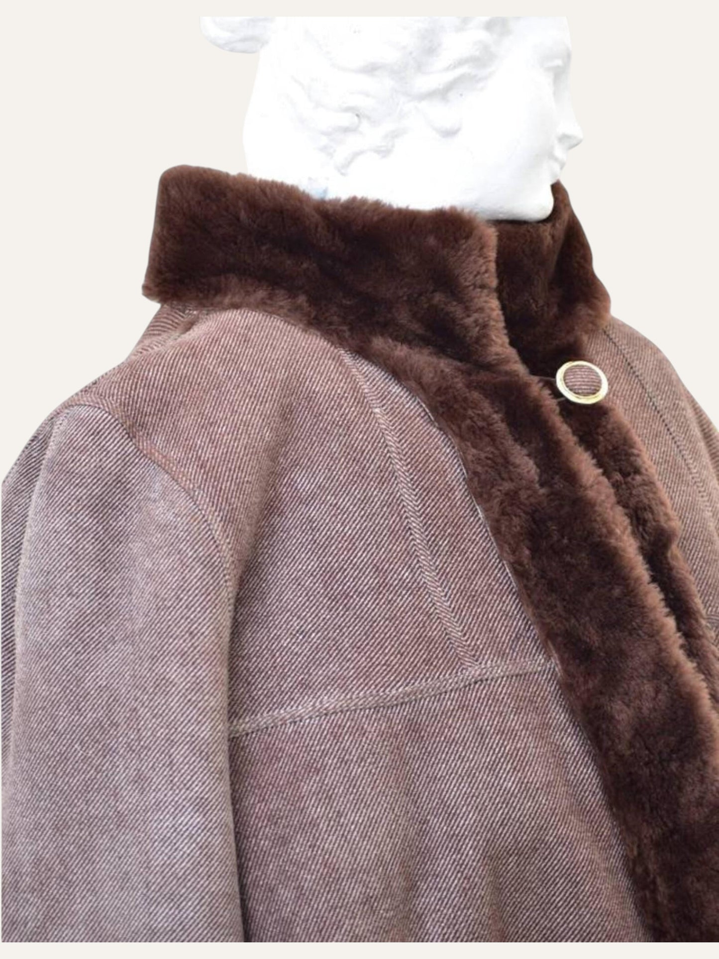 Wool Herringbone Swing Coat with Fur Trim