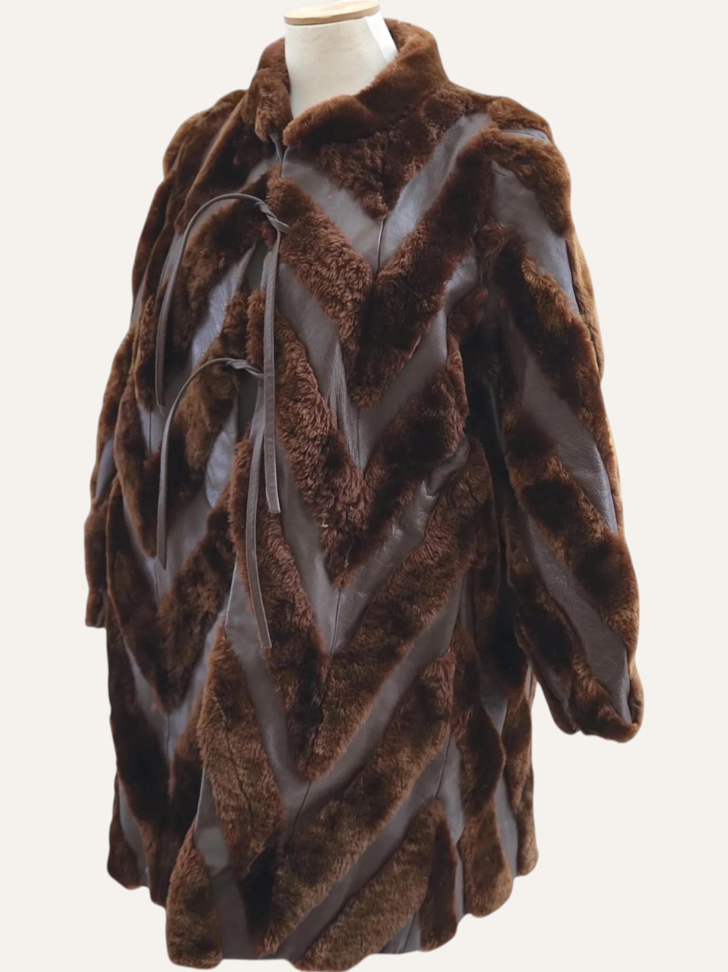 Chevron-Cut Fur & Leather Coat in Tobacco
