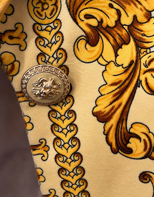 Baroque print detail with embossed gold-tone button on the Kamosho Paris blazer