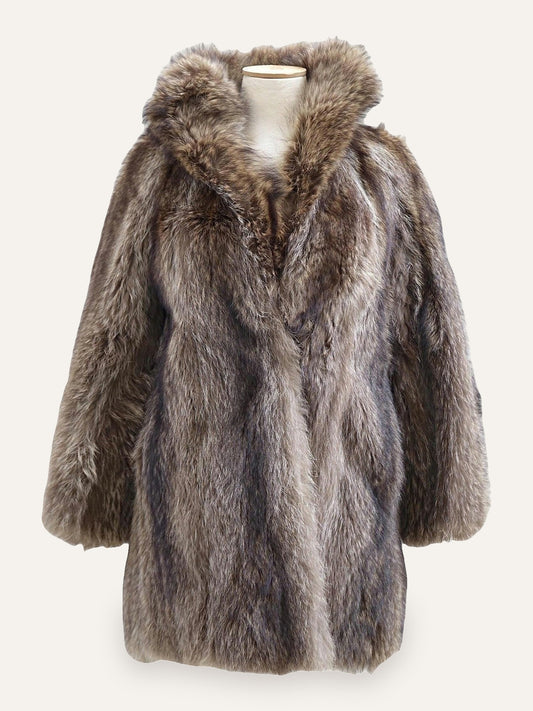 Silver Taupe Long Hair Fur Coat Dramatic Collar