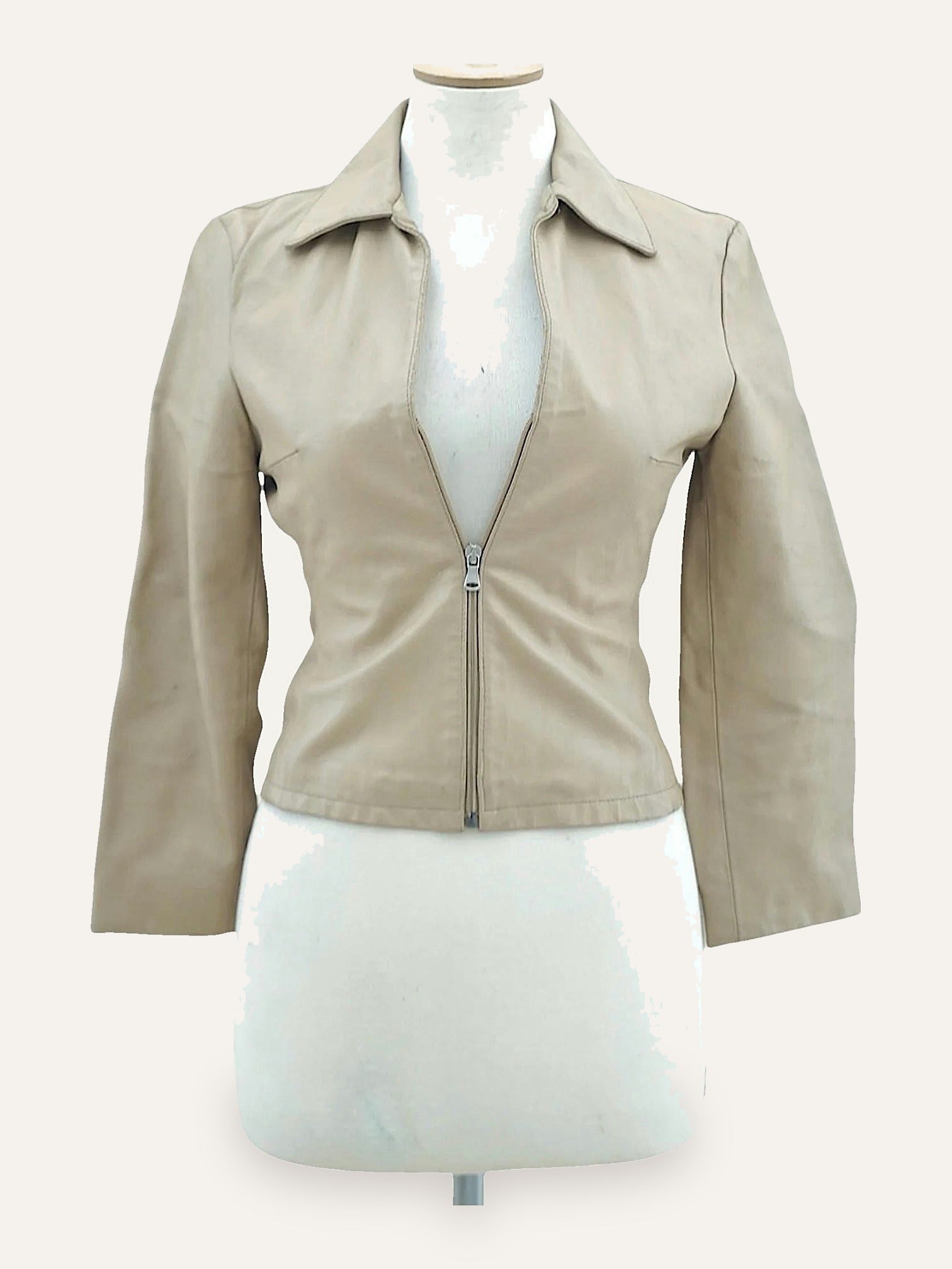 Vintage Fitted Zip-Front Leather Jacket in Sand
