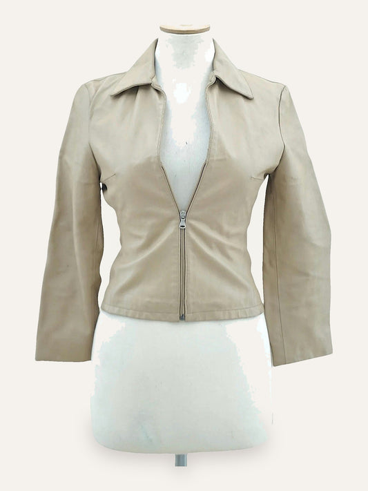 Vintage Fitted Zip-Front Leather Jacket in Sand