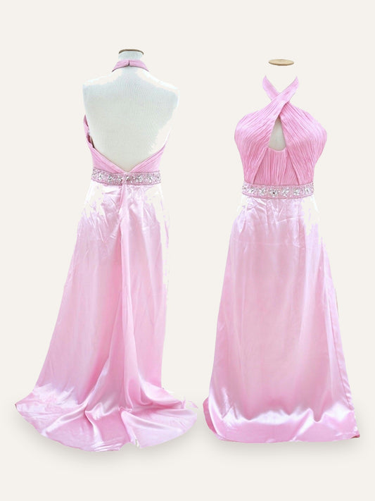 Karishna Satin Evening Gown in Blush Pink with Crystal Waist Belt