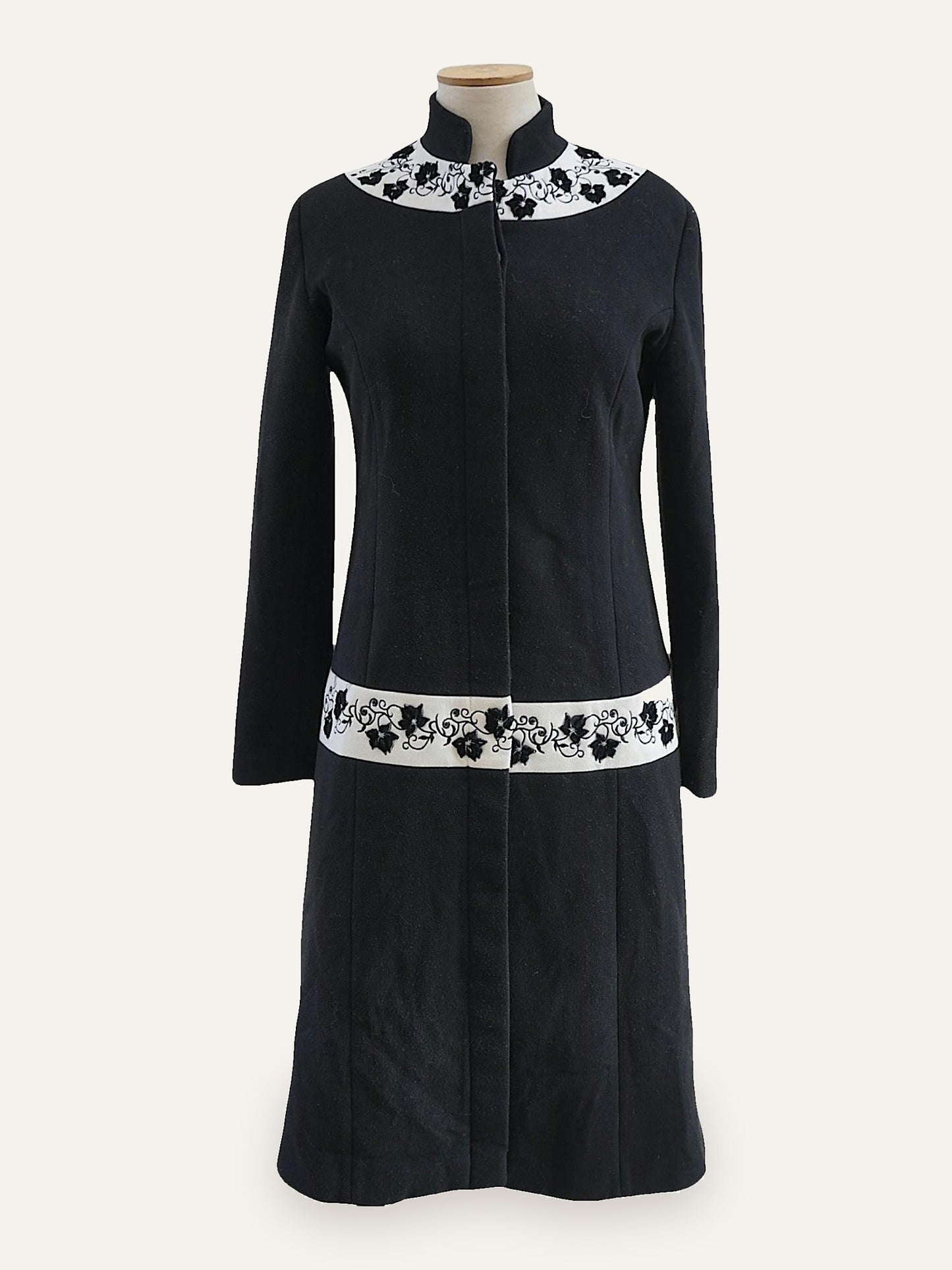 Black Embroidered Midi Coat — Mandarin Collar — Early 2000s