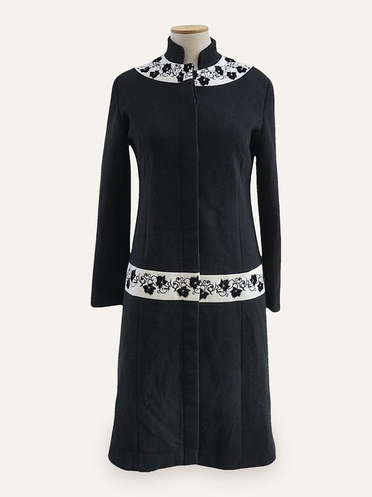 Black Embroidered Midi Coat — Mandarin Collar — Early 2000s