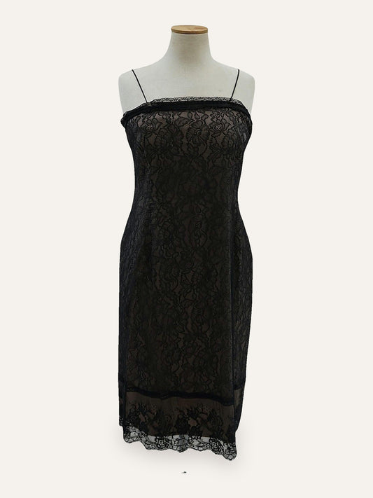 Lace Slip Dress Scallop Hem in Noir
