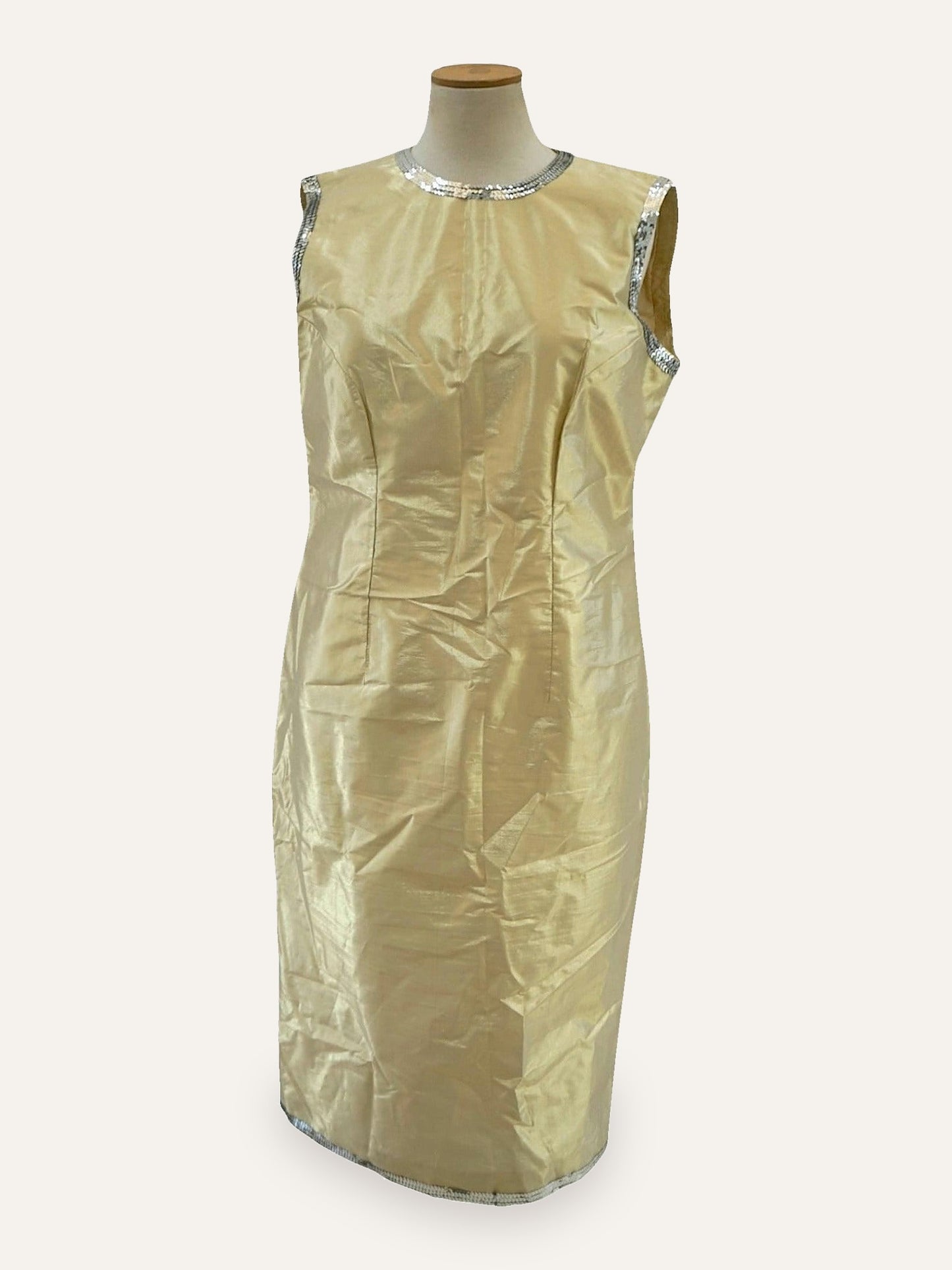 Bespoke Iridescent Taffeta Sheath Dress Silver Sequin Trim