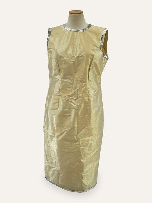 Bespoke Iridescent Taffeta Sheath Dress Silver Sequin Trim