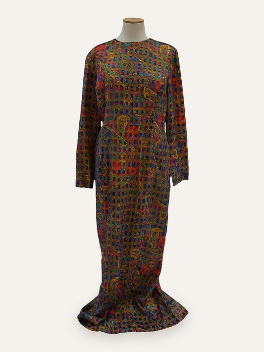 Bespoke Pure Silk Paisley Grid Maxi Dress in Multicolour