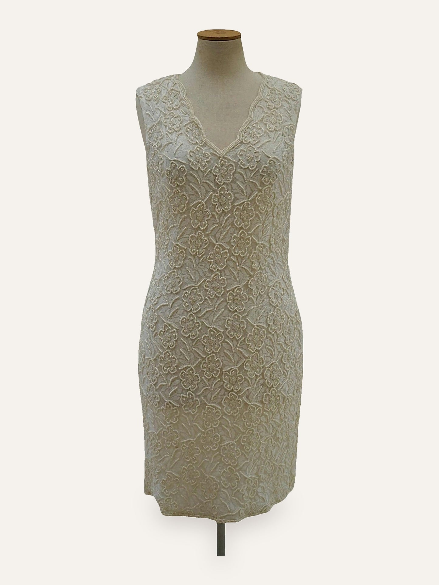 Bespoke Pearl-Beaded Floral Sheath Dress in Ivory