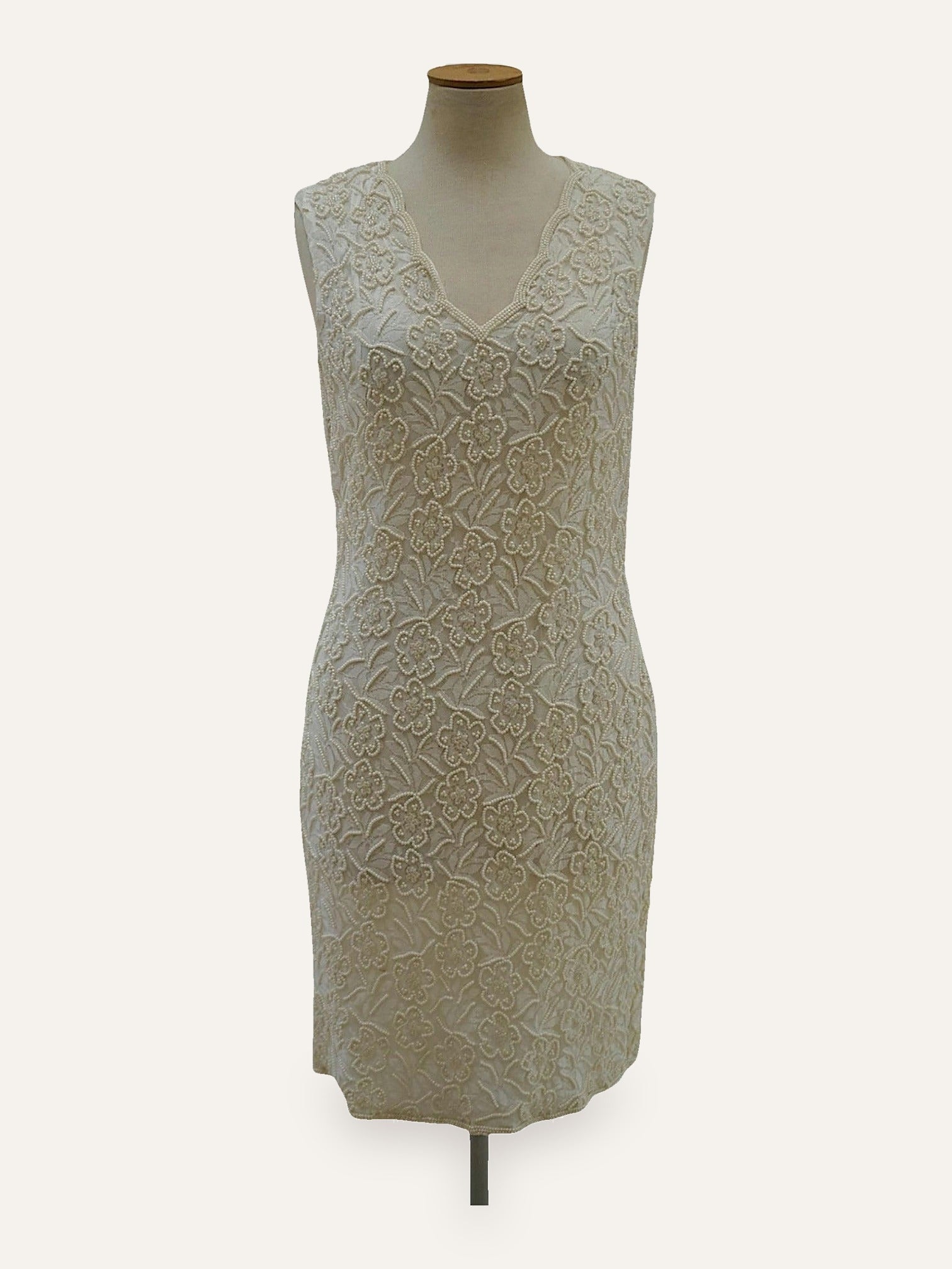Bespoke Pearl-Beaded Floral Sheath Dress in Ivory