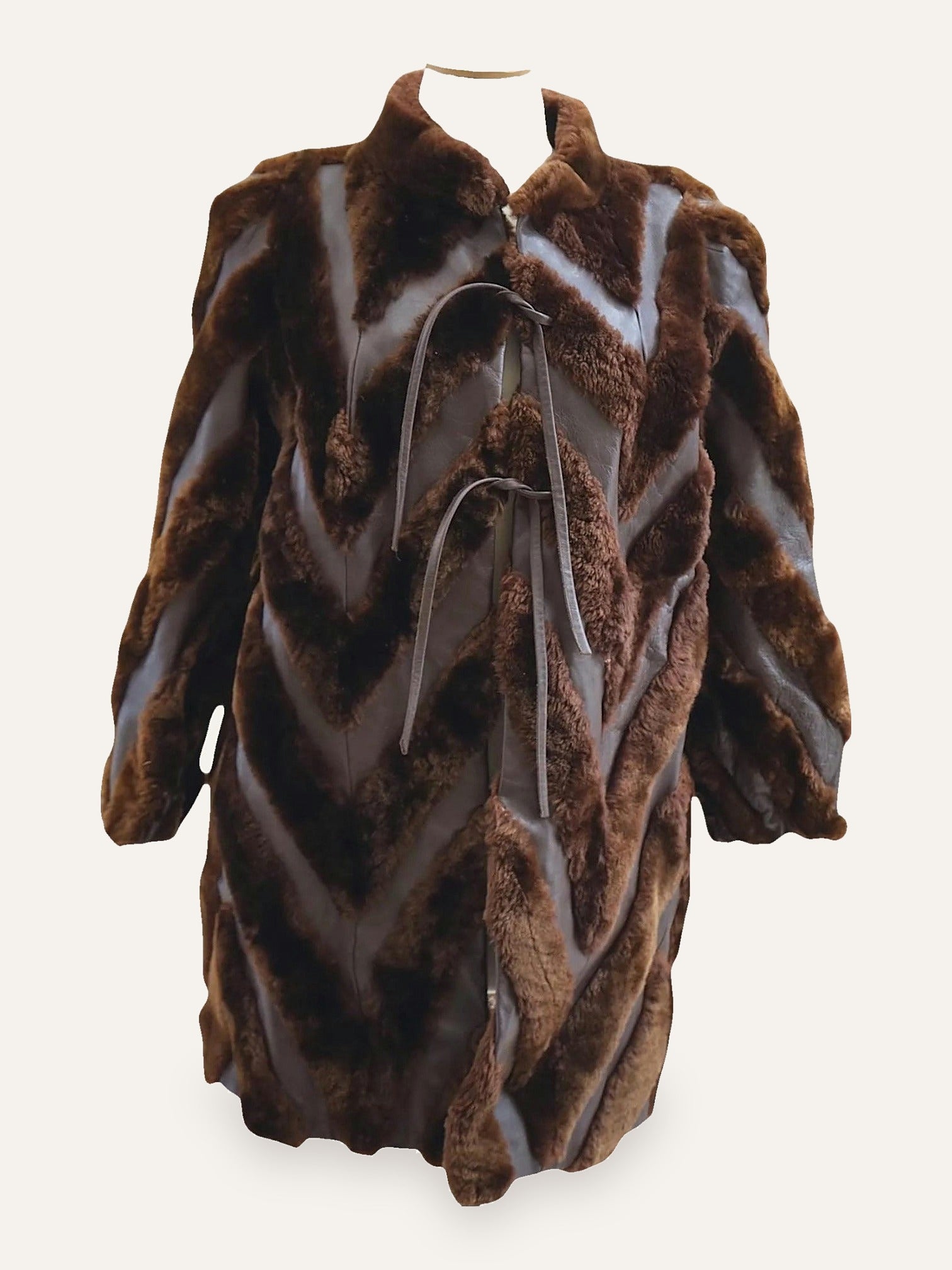 Chevron-Cut Fur & Leather Coat in Tobacco