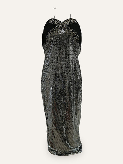 Sequin Column Gown with Beaded Laurel Halter