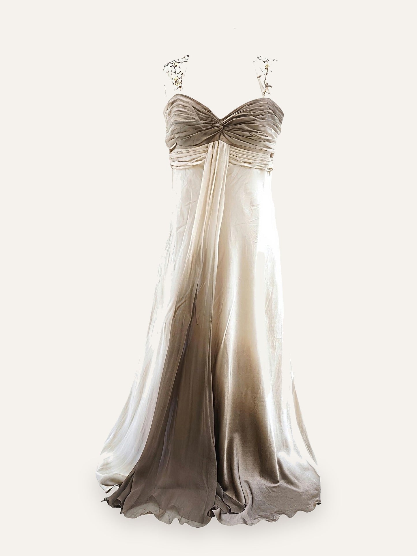 Pure Silk Empire Gown with Beaded Vine Straps in Champagne & Café