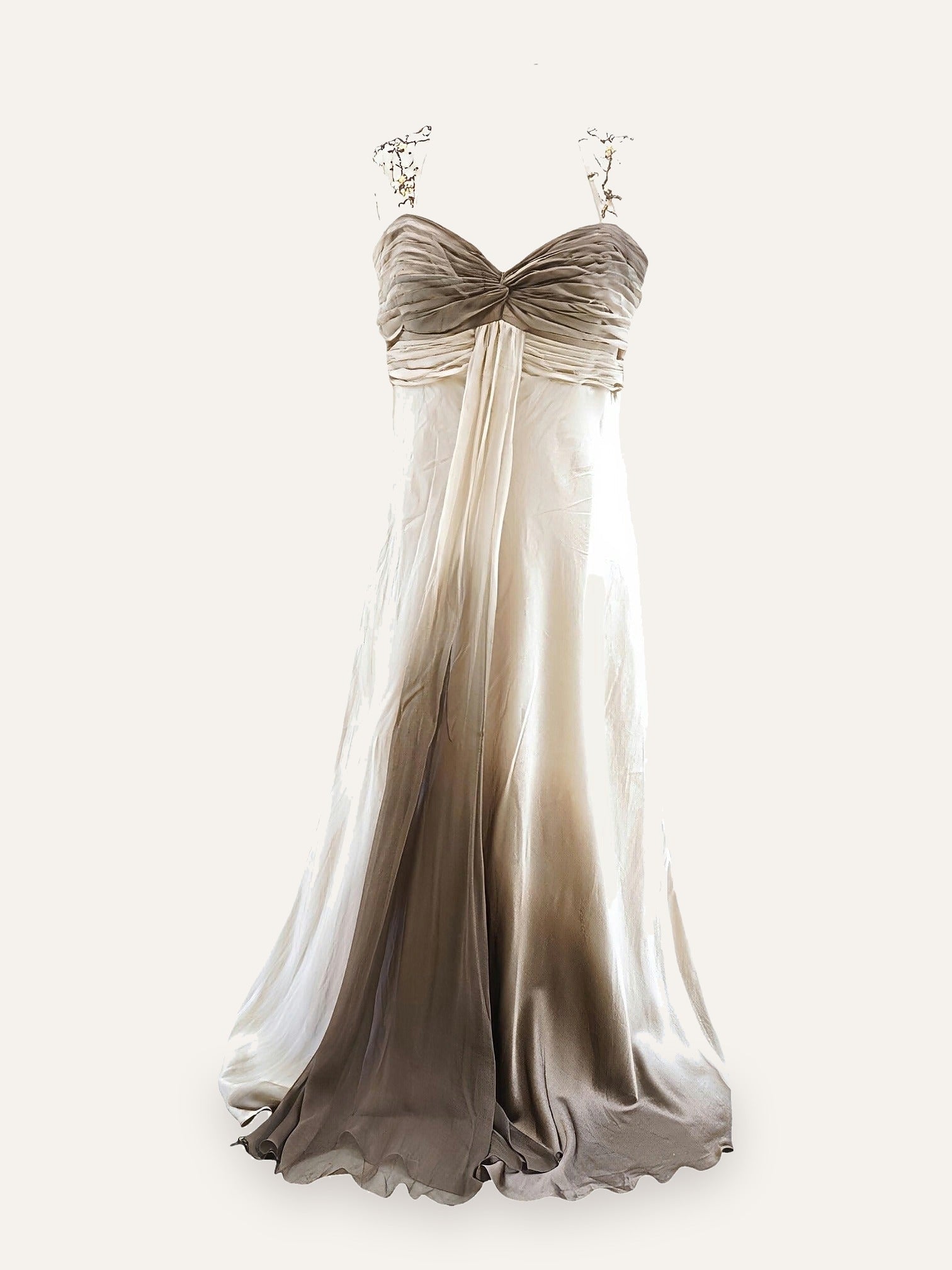Pure Silk Empire Gown with Beaded Vine Straps in Champagne & Café