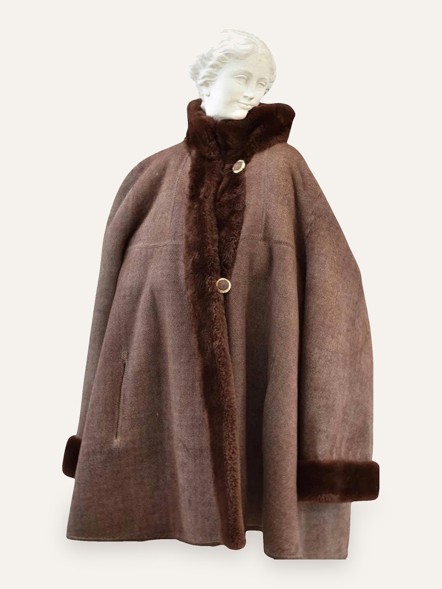 Wool Herringbone Swing Coat with Fur Trim