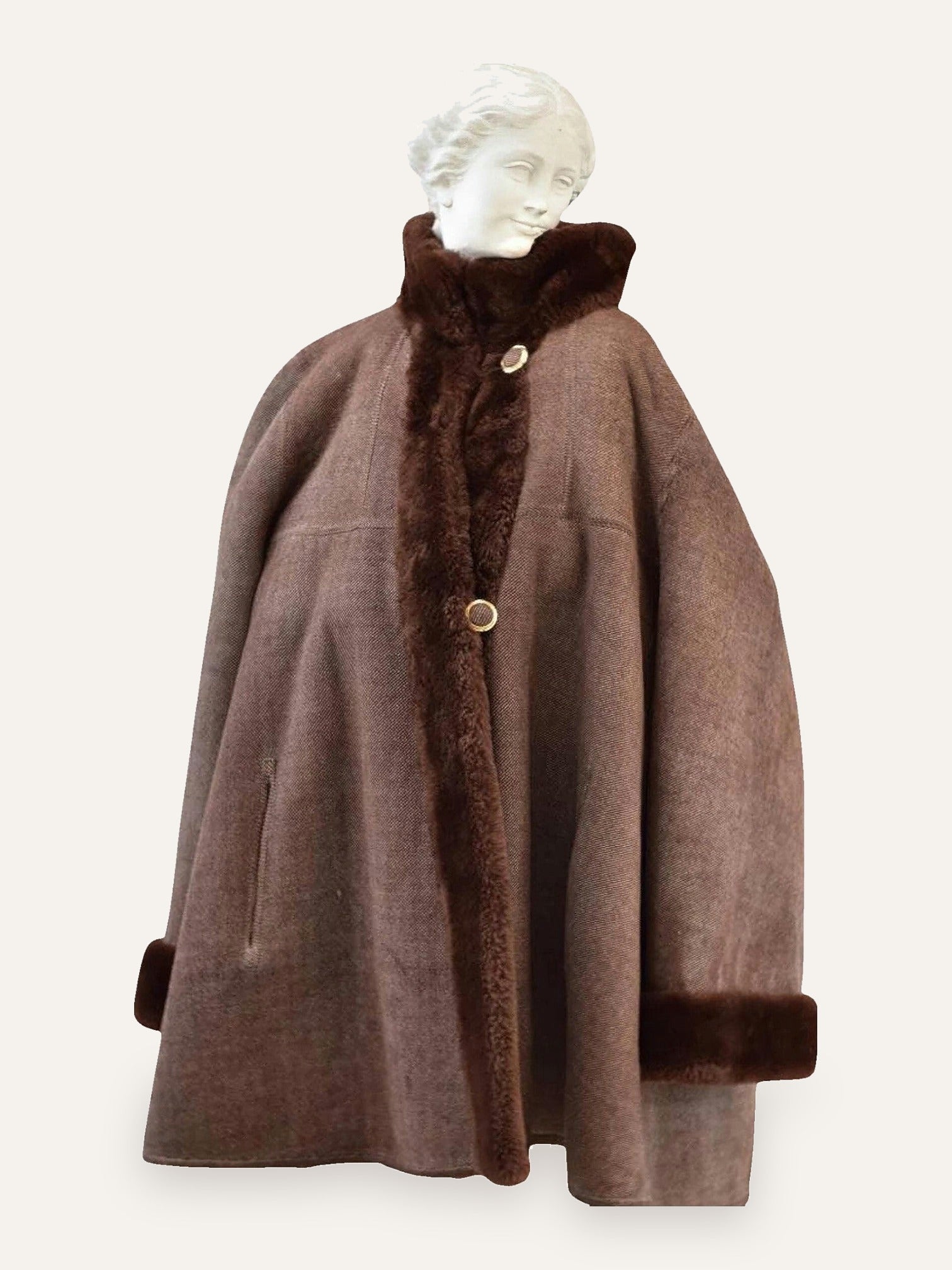 Wool Herringbone Swing Coat with Fur Trim
