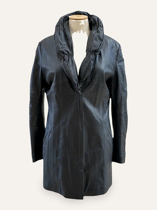 Leather Ruched Collar Noir Coat