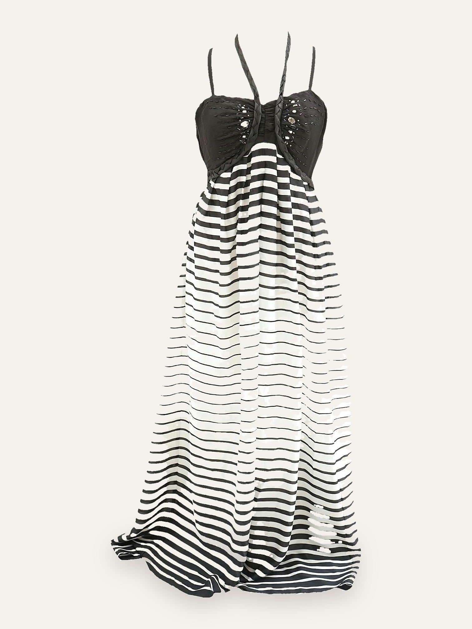Paul Christophe Beaded Bustier Stripe Maxi Gown