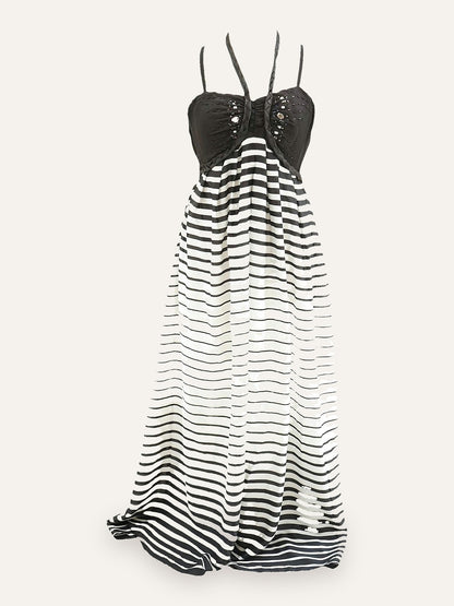 Paul Christophe Beaded Bustier Stripe Maxi Gown