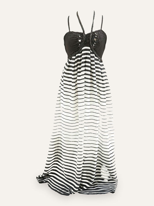 Paul Christophe Beaded Bustier Stripe Maxi Gown