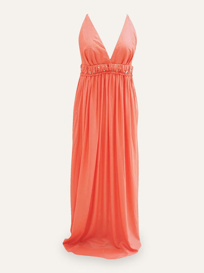 Smaili's Deep V Crystal Waist Maxi Gown