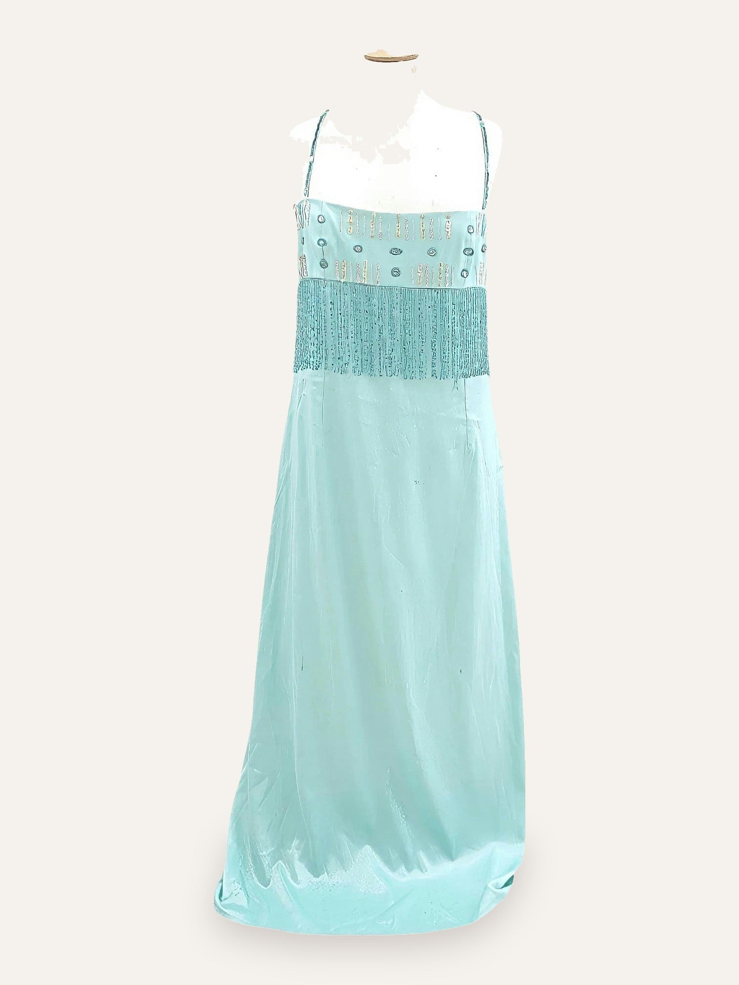 Aqua Beaded Fringe Bodice Satin Gown