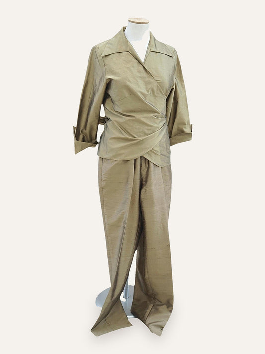 Pure Silk Wrap Blouse & Wide-Leg Trouser Set in Bronze