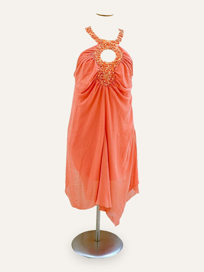 Beaded Keyhole Halter Dress in Tangerine