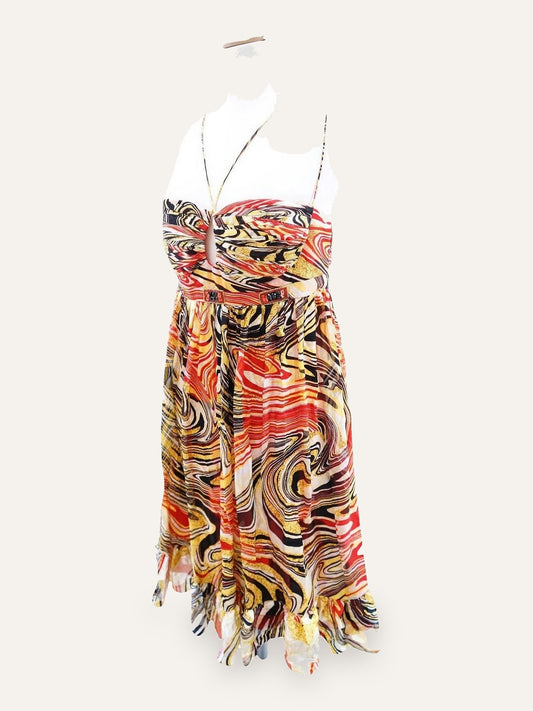 Swirl Print Cross-Back Sundress in Scarlet & Saffron