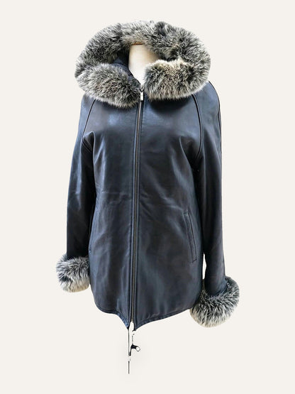 Midnight Leather Coat with Hood & Cuff Trim