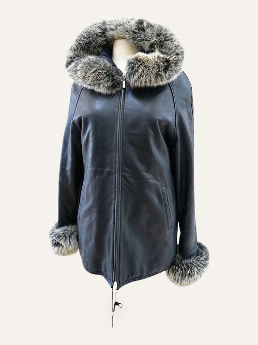 Midnight Leather Coat with Hood & Cuff Trim