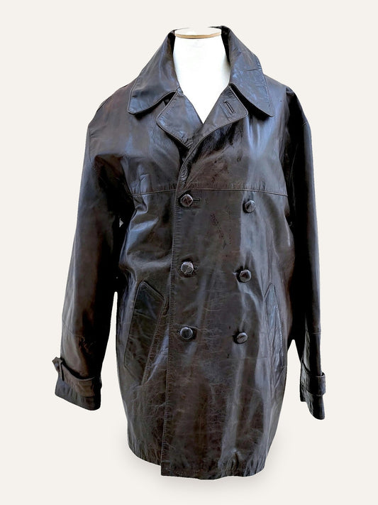 Vinyl Leather Double Breasted Coat with Kilim Lining