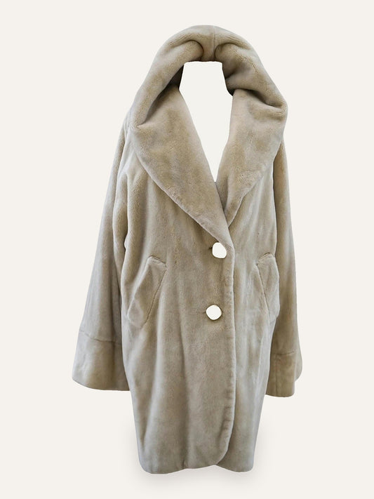 Off White Hooded Faux Fur Coat