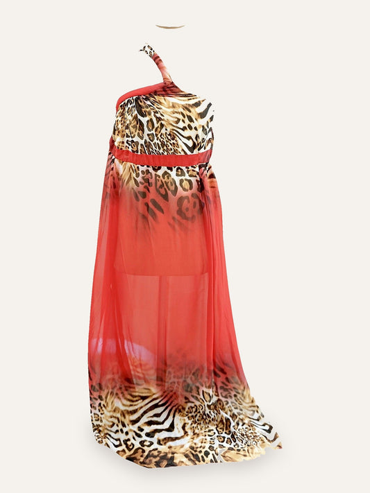 Wild Print One-Shoulder Sheer Gown