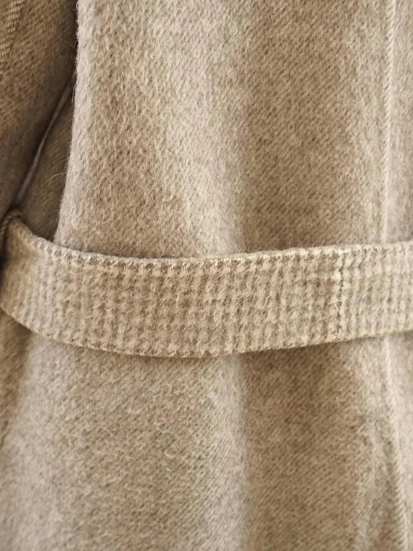 Anemoia Vestiaire beige belted alpaca wool coat with a textured weave and long sleeves.