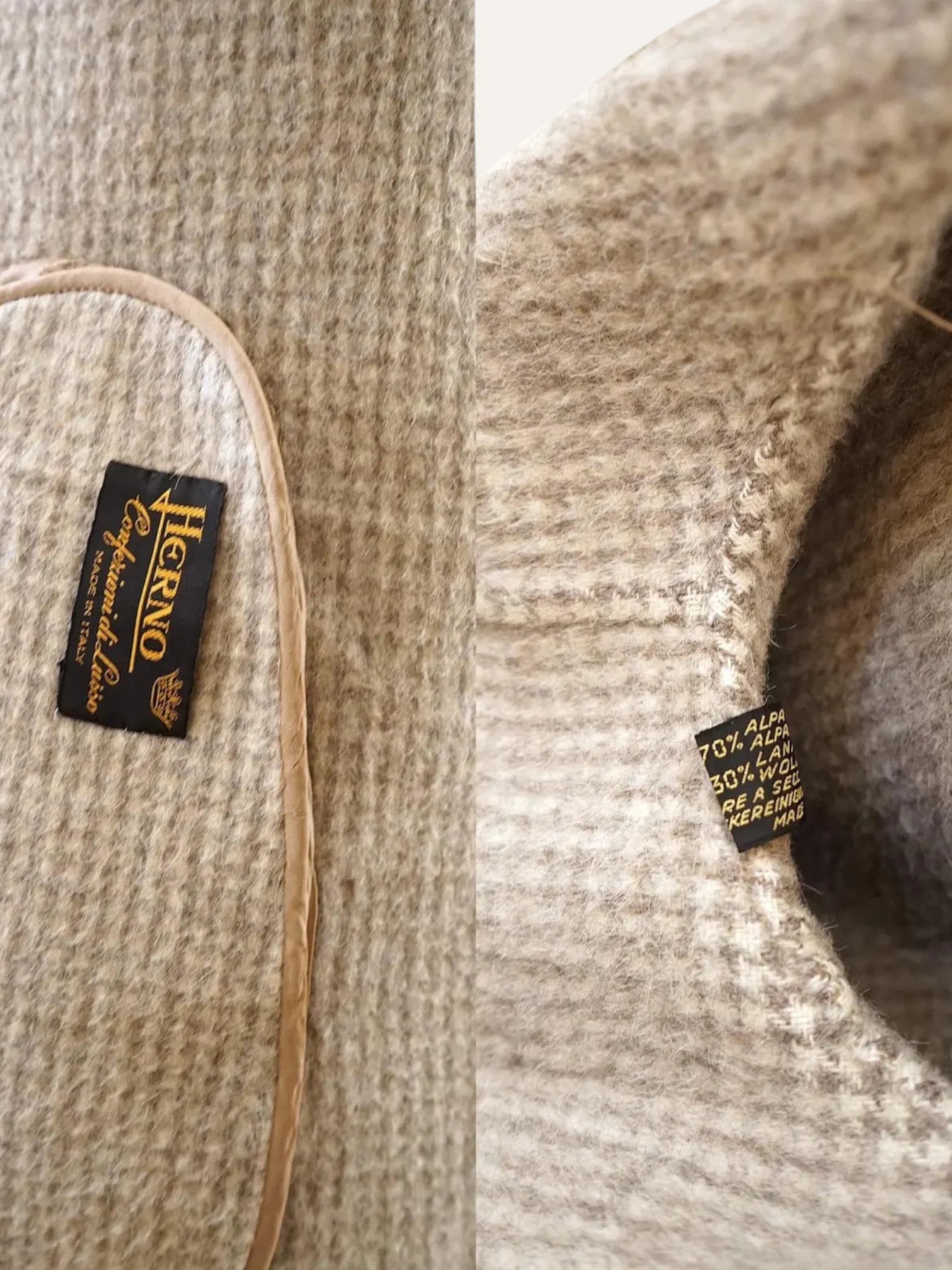 Anemoia Vestiaire beige long alpaca wool blend coat with HERNO label and fabric composition tag.