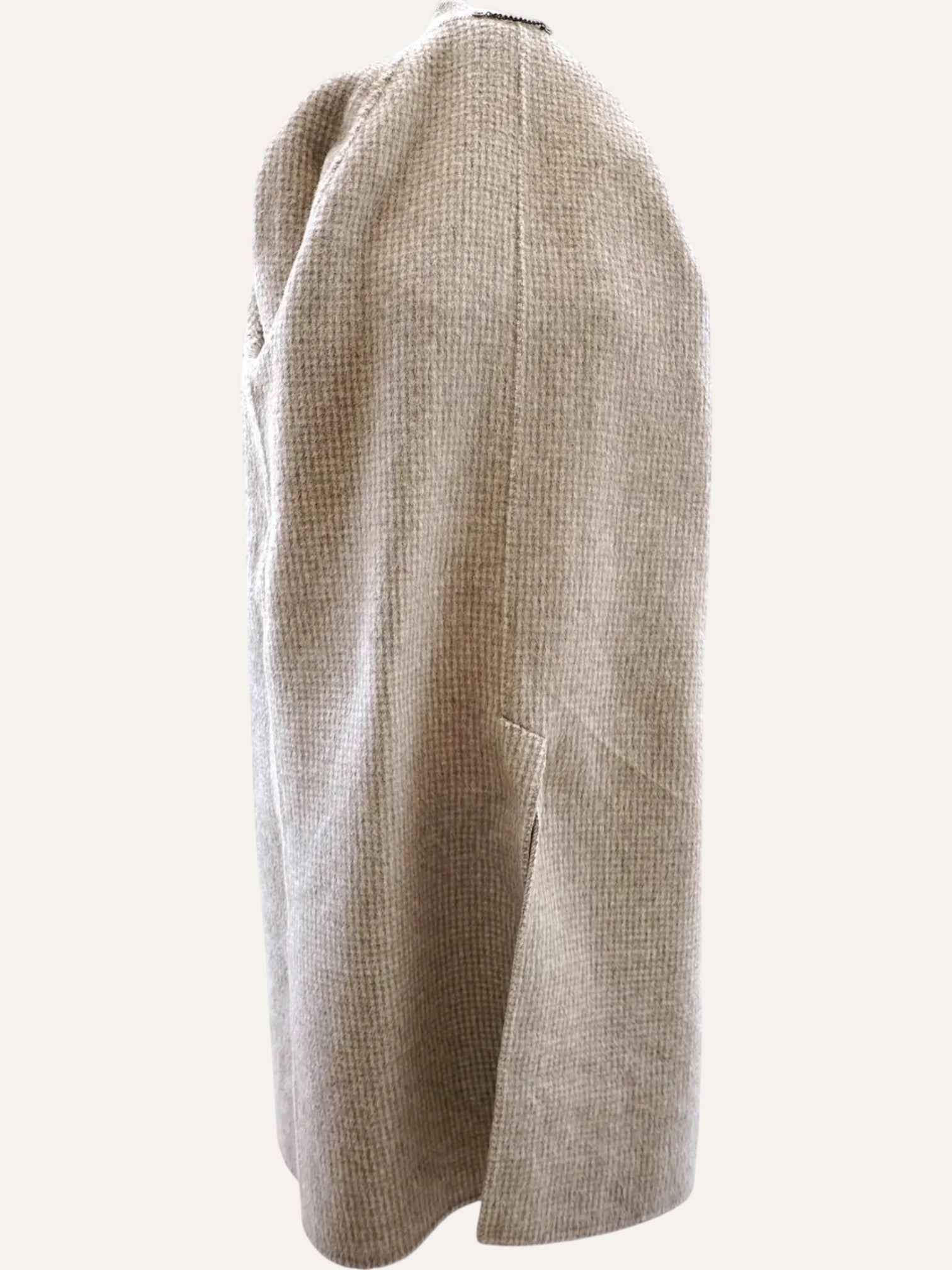 Anemoia Vestiaire beige long alpaca wool blend coat with a textured weave and side slit.