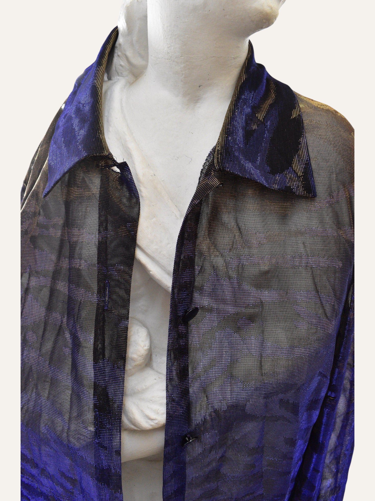 Anemoia Vestiaire blue and black metallic see-through long sleeve blouse with a collared neckline and button front.