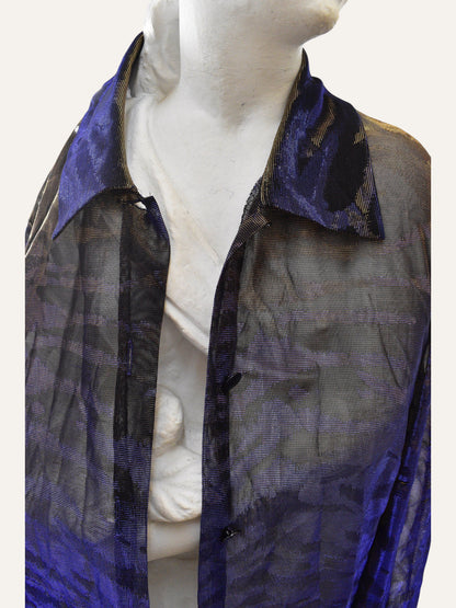Anemoia Vestiaire blue and black metallic see-through long sleeve blouse with a collared neckline and button front.