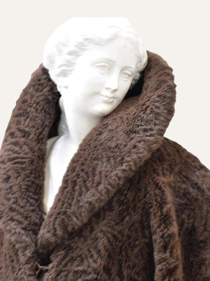 Anemoia Vestiaire dark brown faux fur coat with a plush texture and oversized collar, displayed on a classical bust.