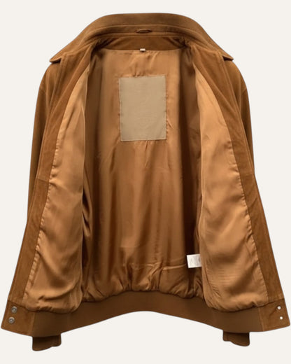 Anemoia Vestiaire brown suede bomber jacket with silk lining, ribbed cuffs and hem, and button front closure.