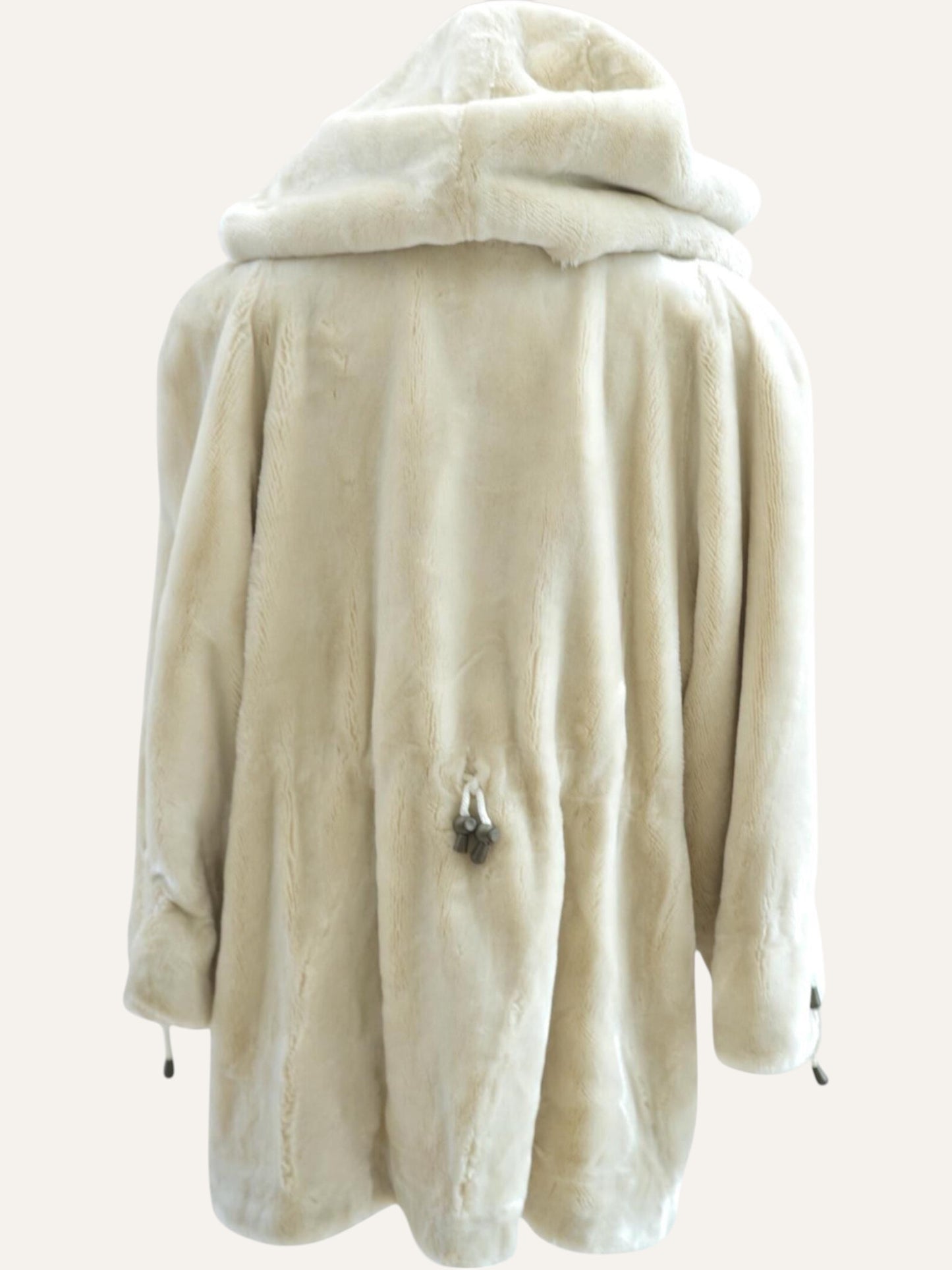 Anemoia Vestiaire ivory white faux fur coat with hood, mid-length, soft texture, full-front closure, and drawstring waist.