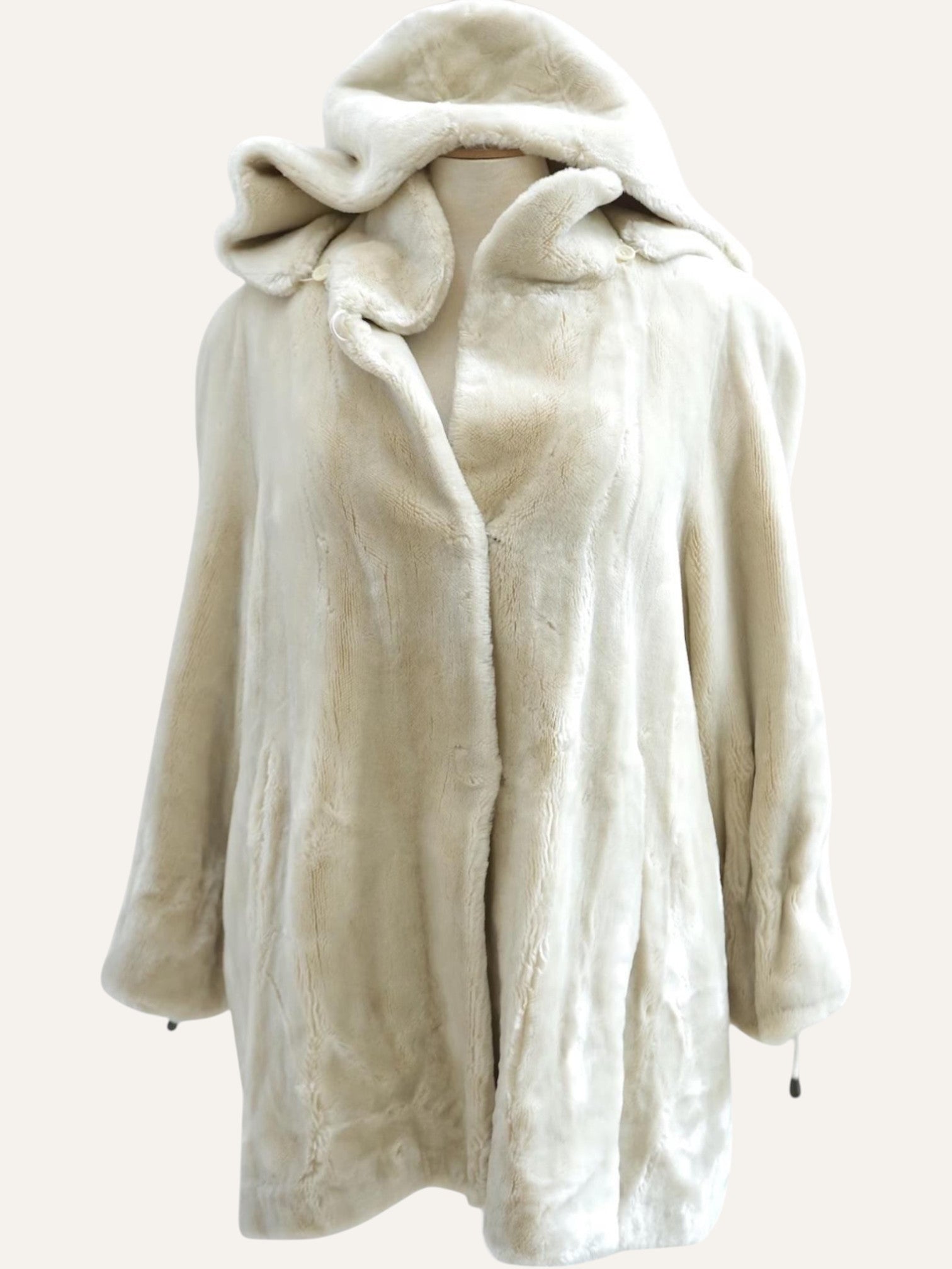 Anemoia Vestiaire ivory white faux fur coat with hood, mid-length, soft texture, full front closure, and comfortable fit.