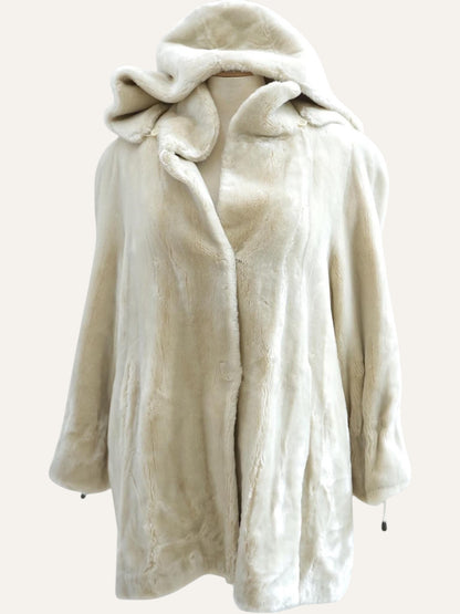 Anemoia Vestiaire ivory white faux fur coat with hood, mid-length, soft texture, full front closure, and comfortable fit.